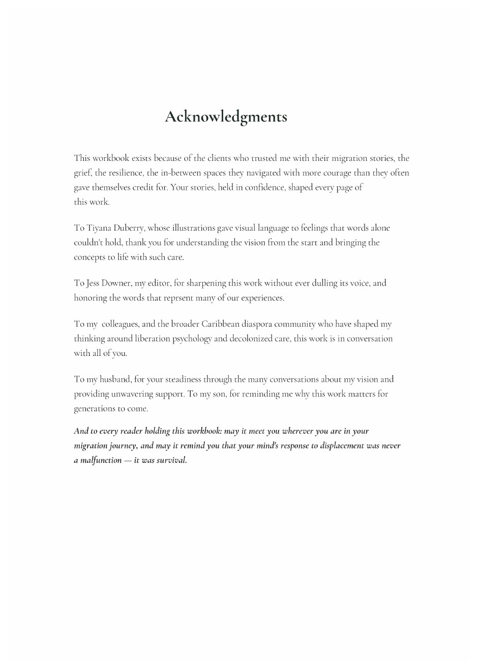Acknowledgments page, thanking the clients who trusted her with their migration stories, the illustrator Tiyana Duberry, her editor Jess Downer, and her family, and closing with a note to the reader.