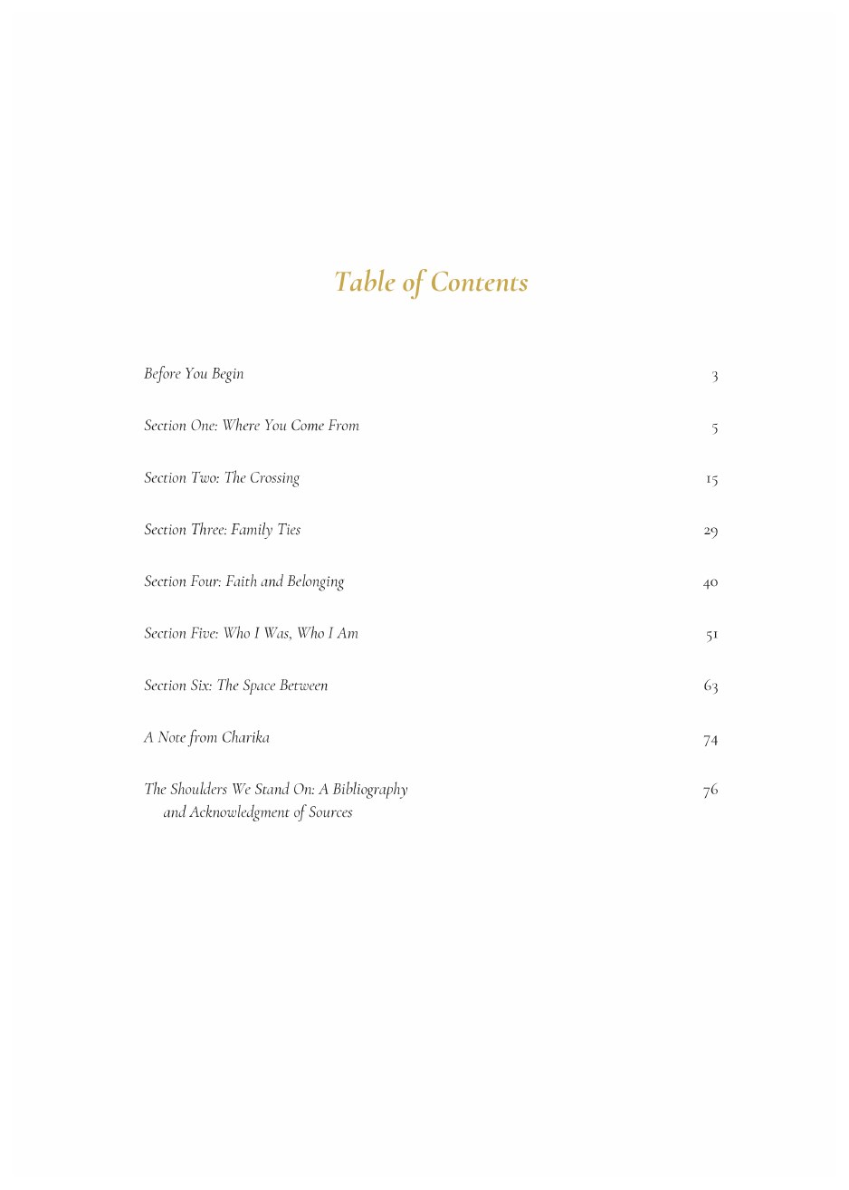 Table of contents listing Before You Begin, then six sections: Where You Come From, The Crossing, Family Ties, Faith and Belonging, Who I Was Who I Am, and The Space Between, followed by A Note from Charika and a bibliography.