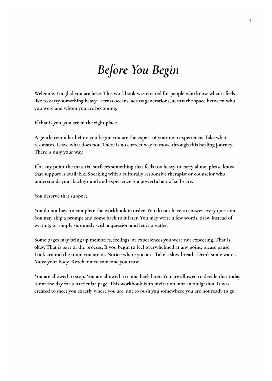 Before You Begin, page one: a welcome for people carrying something heavy across oceans and generations, with a reminder that you are the expert of your own experience and there is no correct way through.