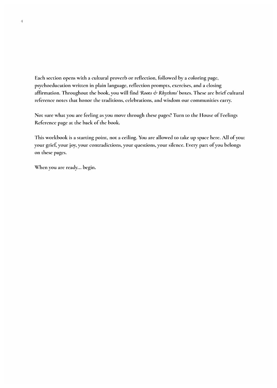 Before You Begin, page two: how each section is built, opening with a cultural proverb, then a coloring page, plain-language writing, reflection prompts, exercises and a closing affirmation, plus the Roots and Rhythms cultural notes.