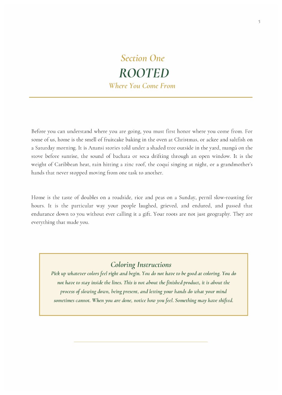 Section One, Rooted: Where You Come From. An opening on home as the smell of fruitcake at Christmas, Anansi stories under a tree, rain on a zinc roof, and the endurance your people passed down without calling it a gift.