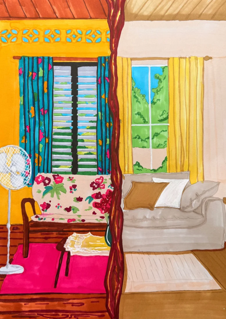 Interior artwork: one living room split in two, a warm Caribbean room on the left and a muted American room on the right. Artwork by Tiyana Duberry.