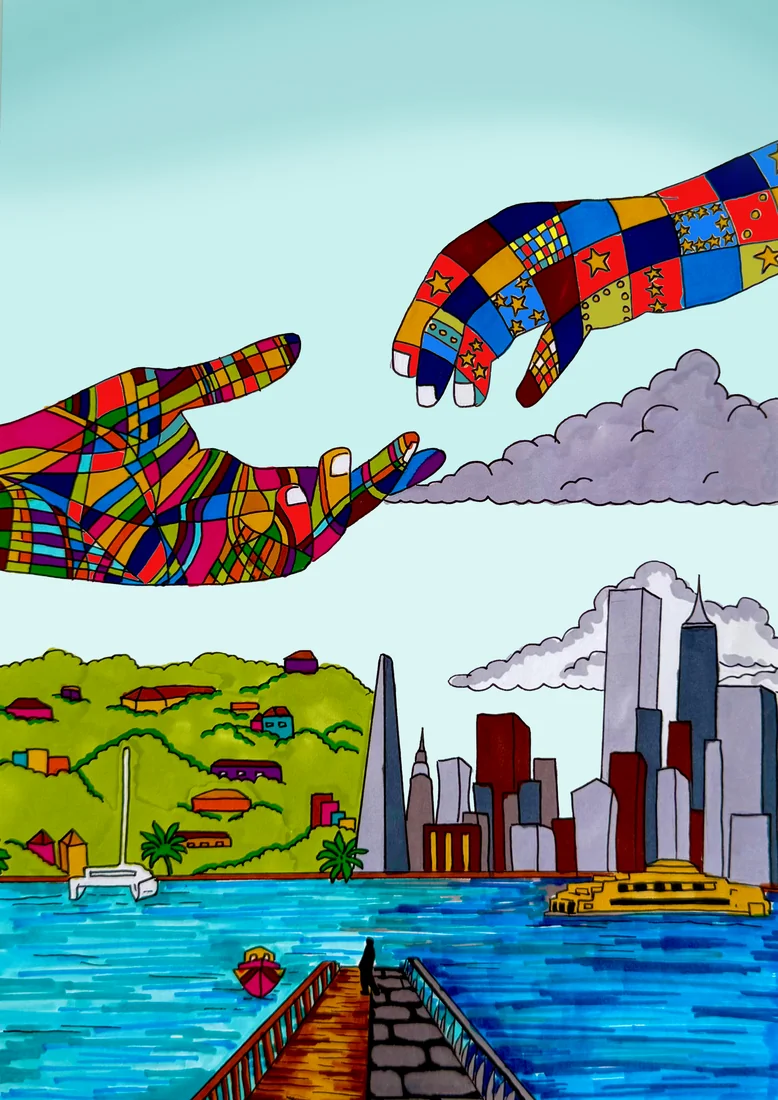 Painted artwork of two patchwork hands reaching toward each other over a bay, an island on one side and a city skyline on the other. Artwork by Tiyana Duberry.