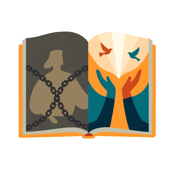Illustration of an open book with breaking chains lifting into birds, on what decolonizing therapy means for Black and immigrant adults