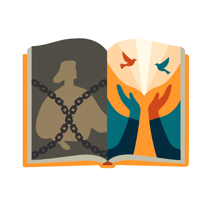 Illustration of an open book with breaking chains lifting into birds, on what decolonizing therapy means for Black and immigrant adults