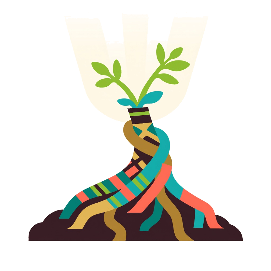 Illustration of braided roots growing into a young plant, on breaking generational trauma in immigrant families