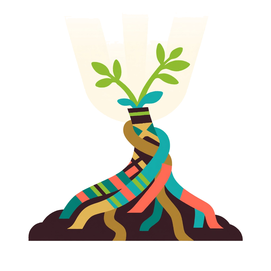Illustration of braided roots growing into a young plant, on breaking generational trauma in immigrant families