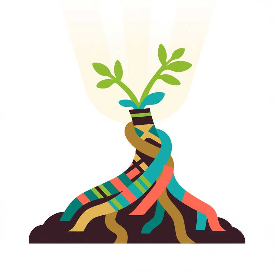Illustration of braided roots growing into a single plant, the cultural and emotional layers holistic mental health support holds together