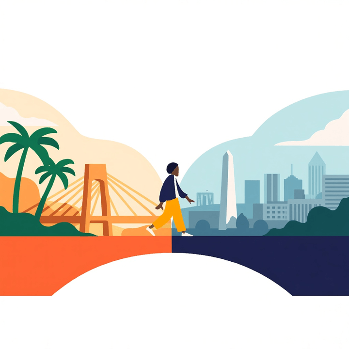Illustration of a figure crossing a bridge from a Caribbean island toward the Washington DC skyline, on therapy for the fear of deportation for adults in Maryland and Washington DC