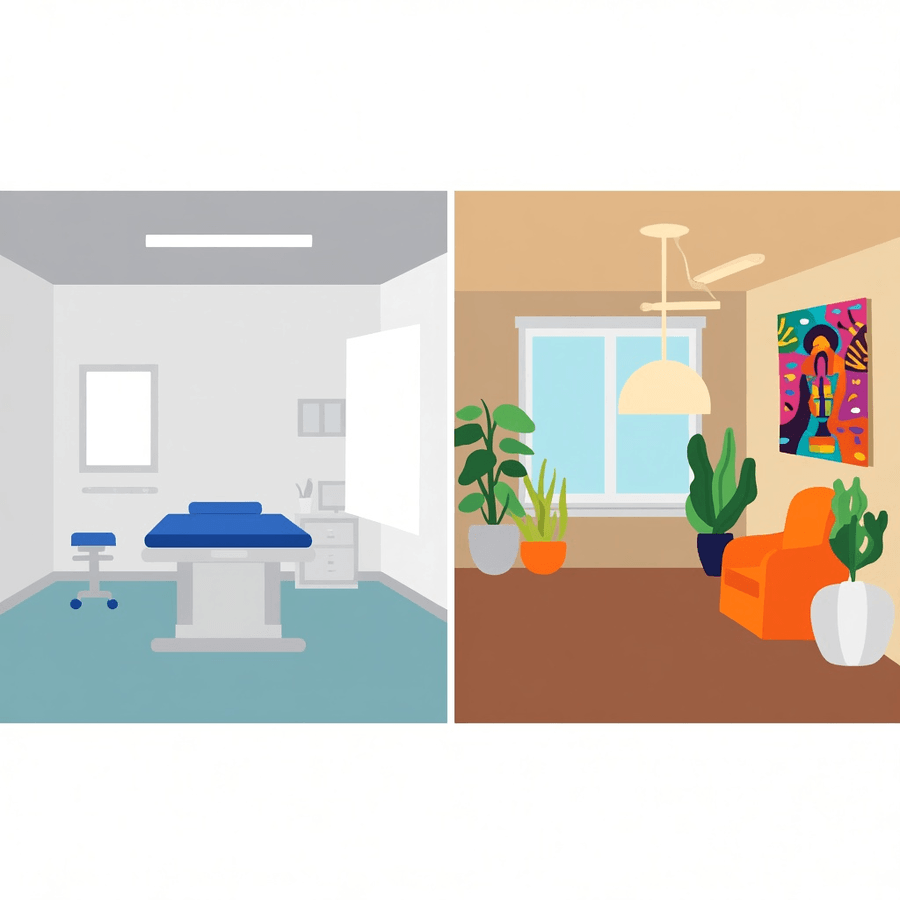 Illustration contrasting a cold clinical room with a warm inviting one, on what a decolonized therapy session feels like