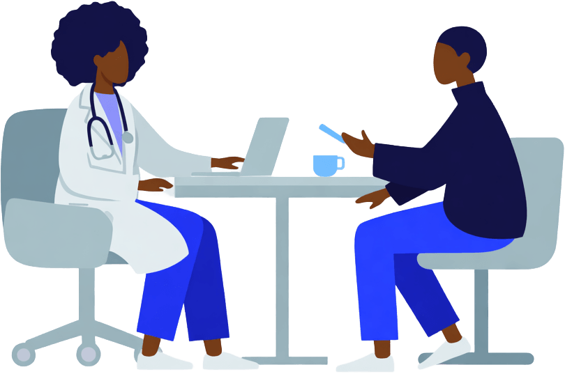 Illustration of a therapist at a desk in consultation, on understanding why doomscrolling and news anxiety are so hard to stop