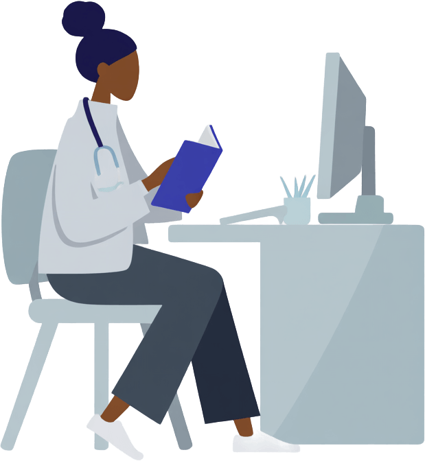 Illustration of a therapist seated with a notepad, reviewing what to look for in therapy for burnout