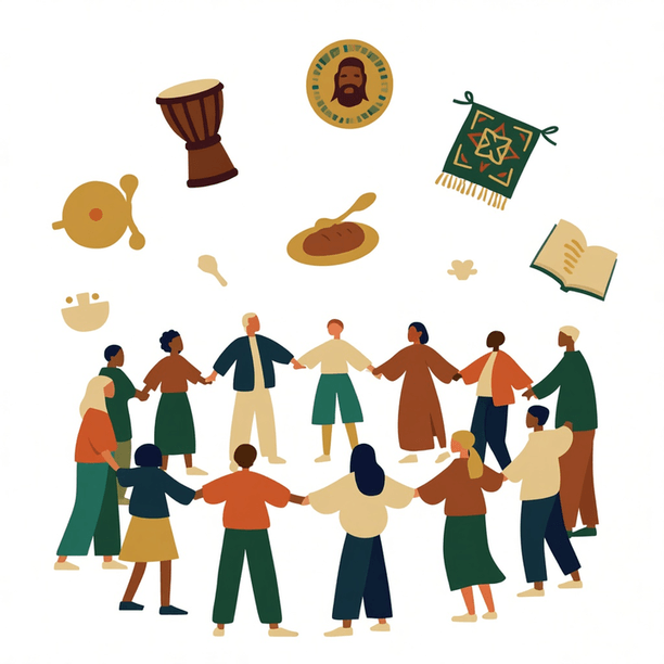 Illustration of a community circle dancing together, on cultural practices being engaged and celebrated in responsive spaces
