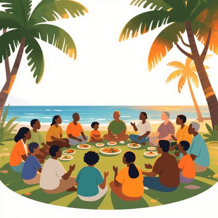 Illustration of a community sharing a meal under palm trees, on collective care and connection as Jamaican mental health practice