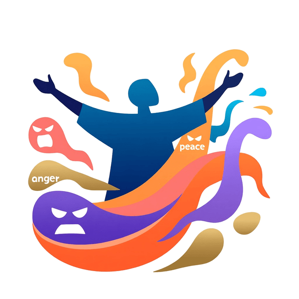 Illustration of emotions flowing outward from a seated figure, on therapy for burnout for adults in Washington DC and Maryland