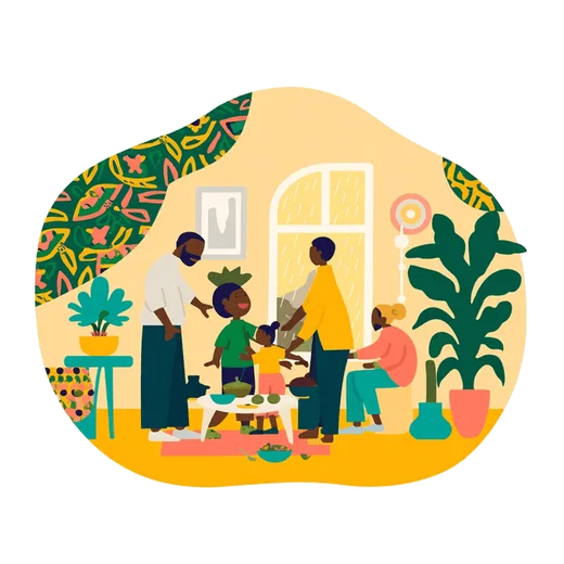Illustration of a family of several generations gathered in a warm living room with plants and patterned walls, adults talking while two children play