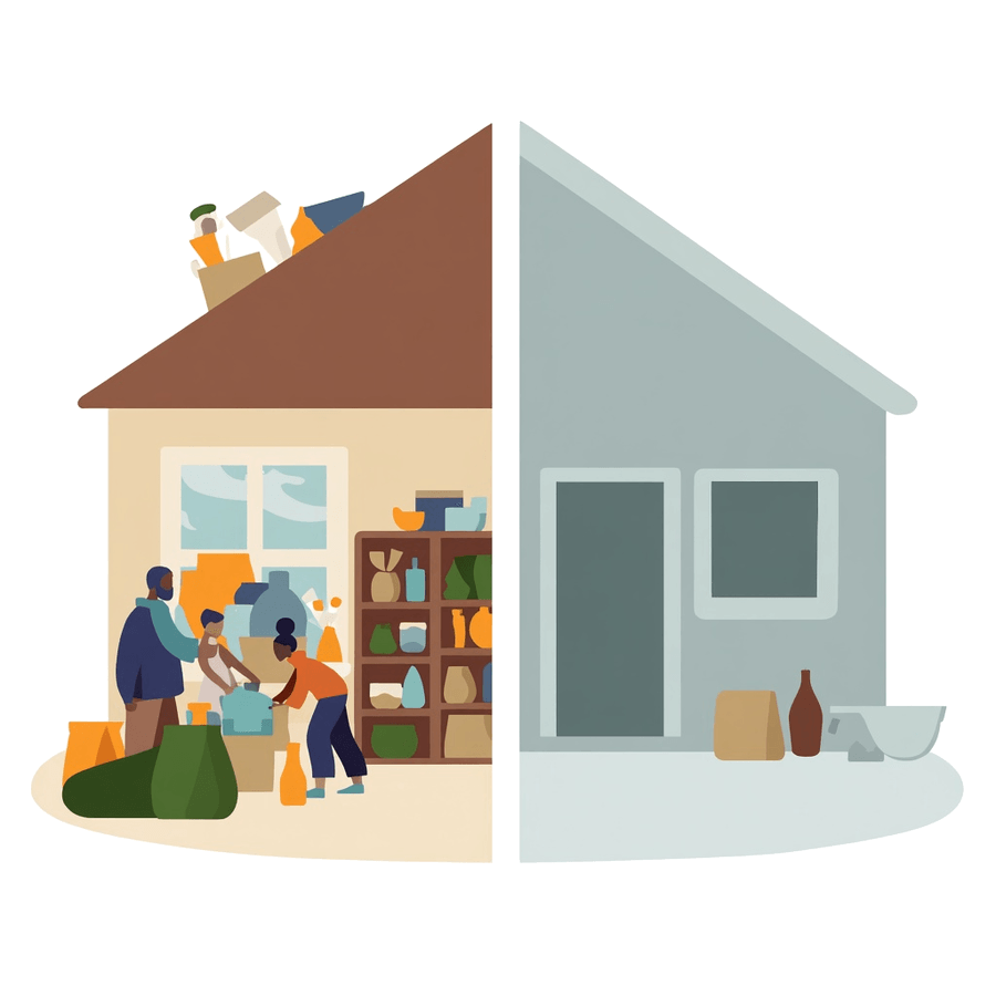 Illustration of a full home beside an empty one, the two worlds you move between when you code-switch