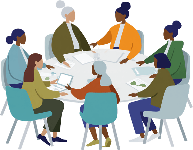 Illustration of a group of people gathered around a table together, on the mental health effects of deportation across families and communities