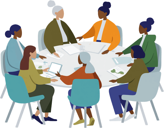 Illustration of a group of people gathered around a table together, on the mental health effects of deportation across families and communities