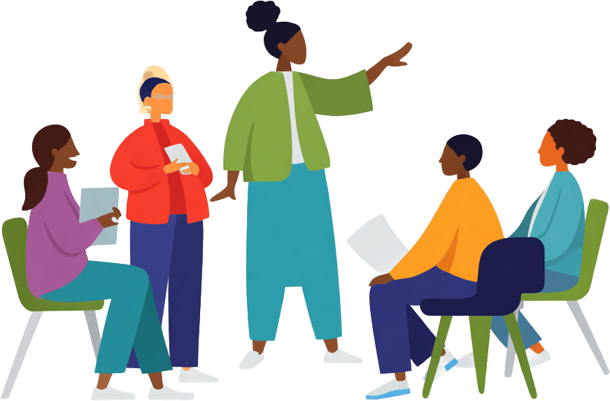 Illustration of people standing in conversation, on supporting a neurodivergent partner or friend through neurodivergent burnout