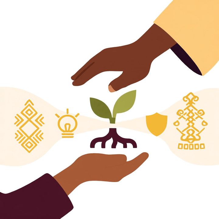 Illustration of hands passing a seedling between them, the slow work of finding one room where you can set the adjusting down