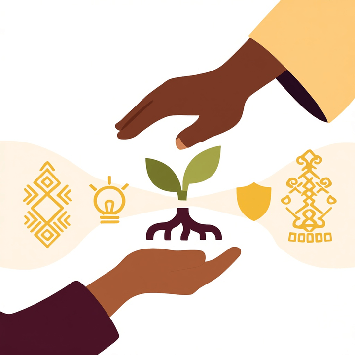 Illustration of one pair of hands passing a seedling to another, on what gets handed from one generation to the next in immigrant families