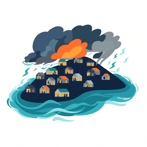 Illustration of a Caribbean island in storm and flood, on watching hurricane news from abroad and what it does to Caribbean immigrants