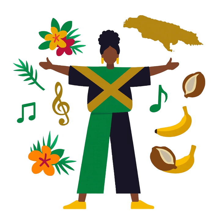 Illustration of Jamaicans celebrating culture and identity together, on Jamaican resilience and mental health across the Caribbean diaspora