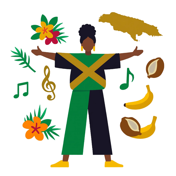 Illustration of Jamaicans celebrating culture and identity together, on Jamaican resilience and mental health across the Caribbean diaspora