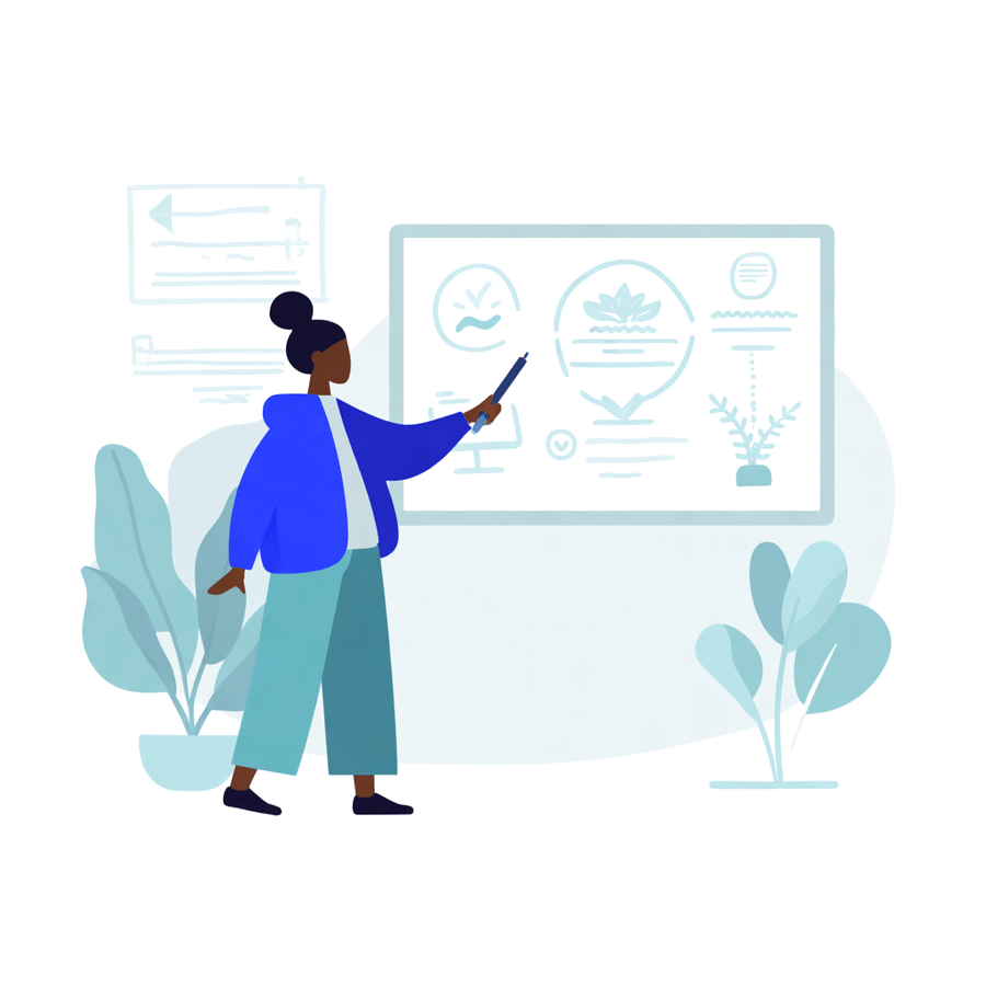 Illustration of a consultant presenting wellbeing findings to a room of staff