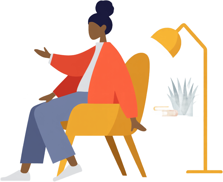 Illustration of two people talking in armchairs, on therapy for social media anxiety and news anxiety that outlasts the scrolling