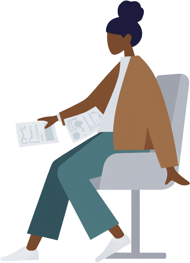 Illustration of a social worker seated on an office chair holding two documents side by side, comparing LCSW supervision hours requirements in Maryland and DC