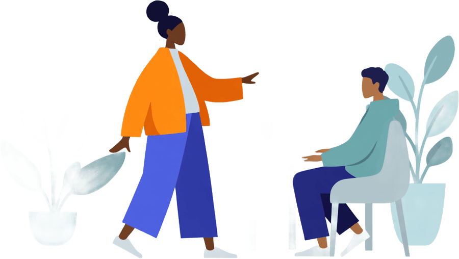 Illustration of one person guiding another who is seated, on practical steps for how to stop doomscrolling