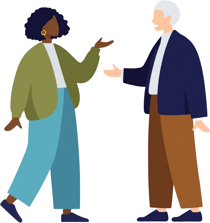 Illustration of a younger and an older person talking face to face, on the patterns decolonizing therapy names for immigrants and children of immigrants