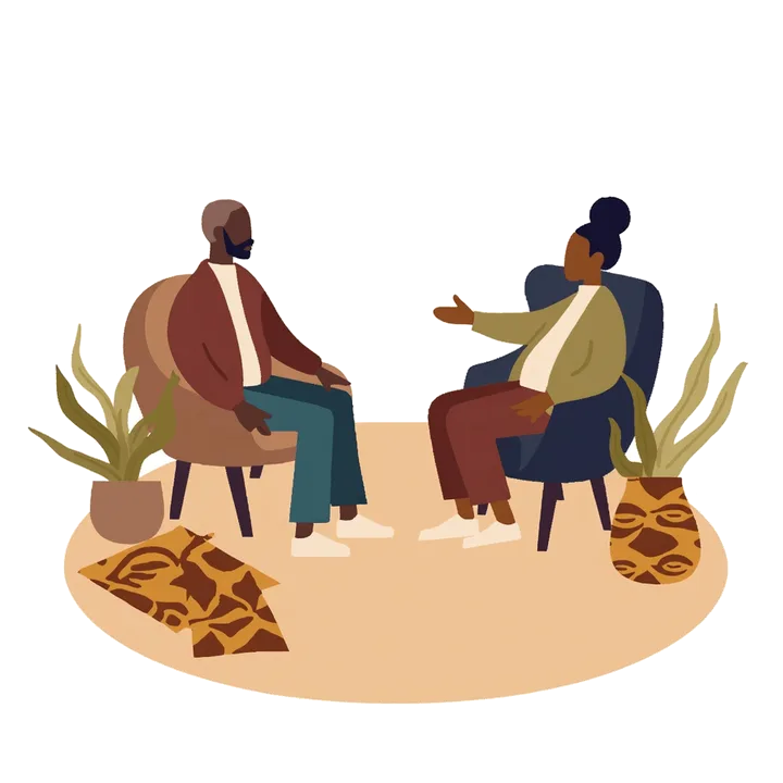 Illustration of two people in armchairs on a round rug, turned toward each other in conversation, with potted plants on either side
