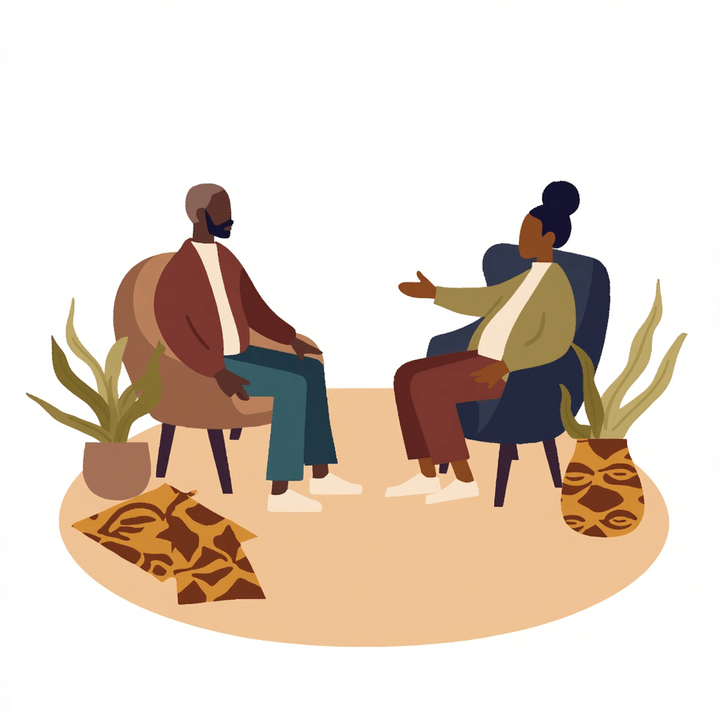 Illustration of two people seated in armchairs on a patterned rug, turned toward each other mid-conversation, with potted plants on either side