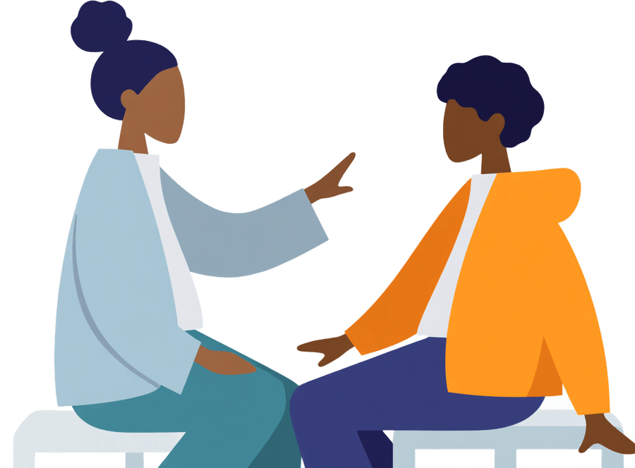 Illustration of two people seated facing each other in a therapy conversation, on what therapy for burnout involves