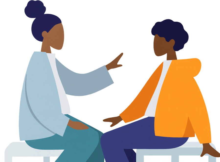 Illustration of two people seated facing each other in conversation, a first couples therapy session at Life Migration Therapy in DC and Maryland