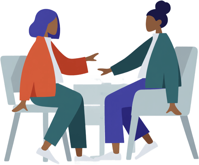 Illustration of two people seated in armchairs facing each other across a small table, each reaching a hand toward the other, on settling the supervision agreement before LCSW hours begin