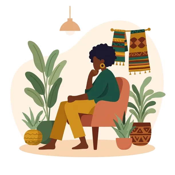 Illustration of a woman with short natural hair sitting in a terracotta armchair, chin resting on her hand, surrounded by potted plants and woven wall hangings