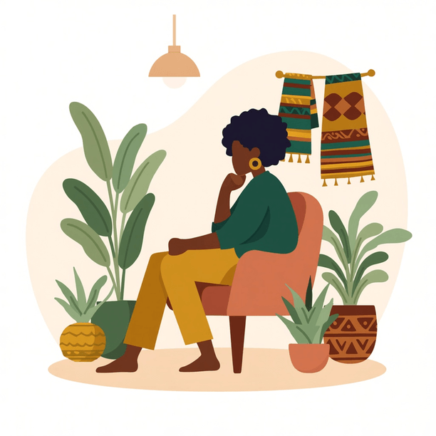 Illustration of a woman reflecting alone at home, on telling burnout apart from depression and anxiety