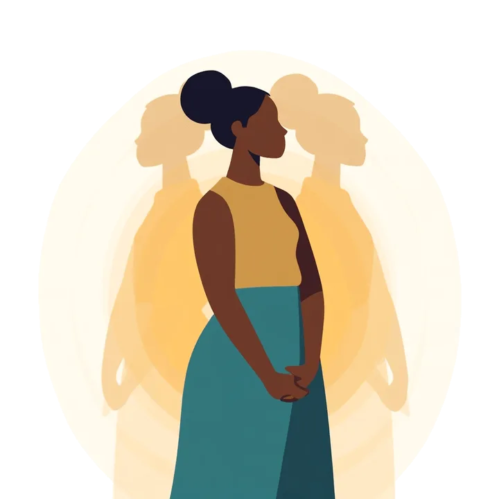 Illustration of a woman standing calmly with her hands clasped while softer, glowing outlines of other women stand behind her