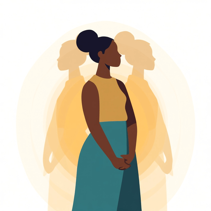 Illustration of a woman with the silhouettes of her ancestors behind her, on how generational trauma passes down in immigrant families