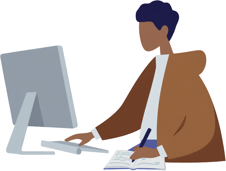 Illustration of a person sitting at a computer with their head lowered, on neurodivergent burnout and therapy for neurodivergent adults