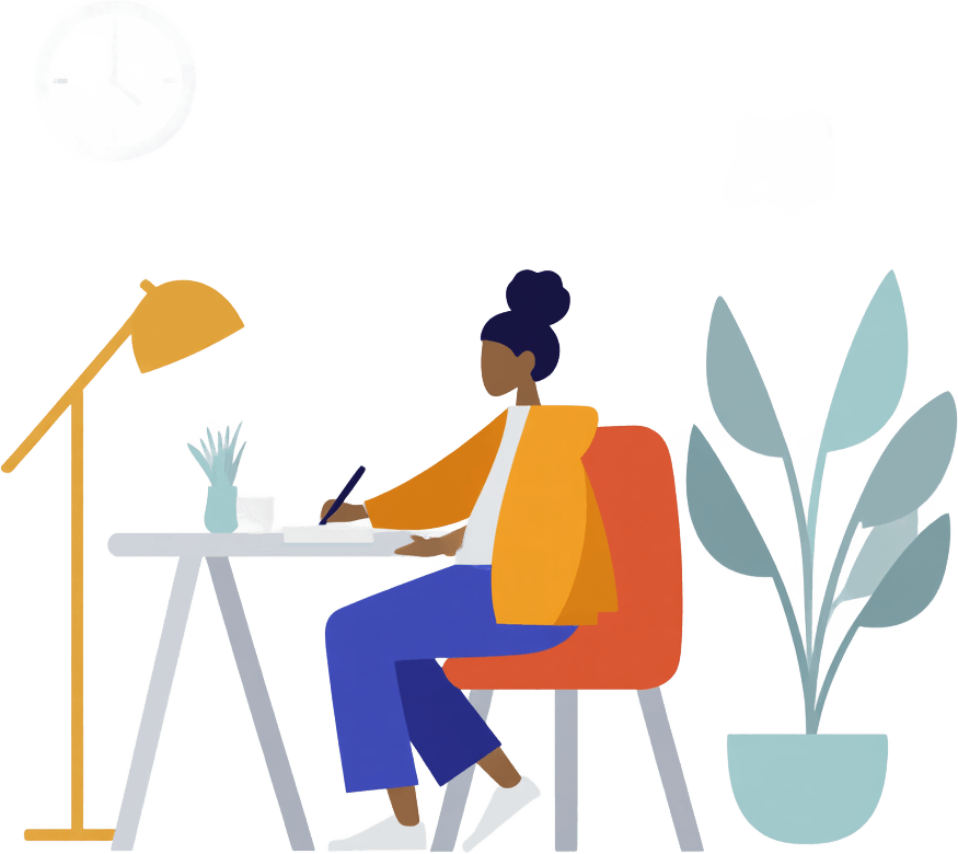 Illustration of a person writing at a desk under a lamp late in the evening, on how to stop doomscrolling and settle news anxiety