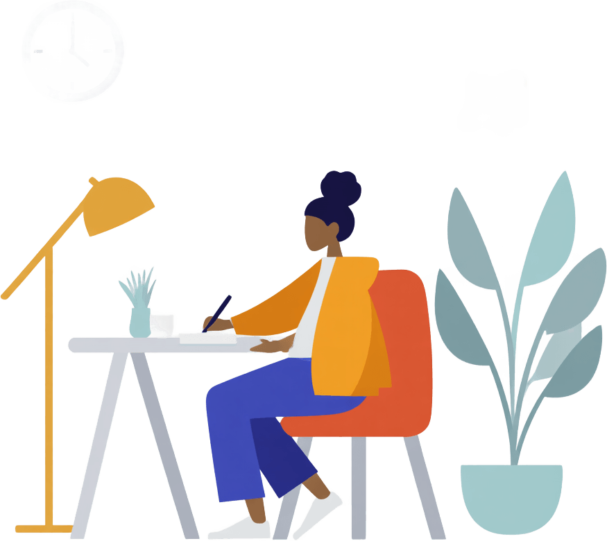 Illustration of a person writing at a desk under a lamp late in the evening, on how to stop doomscrolling and settle news anxiety