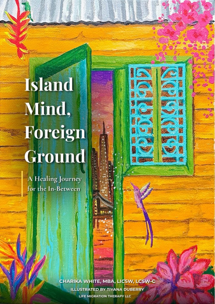 Cover of Island Mind, Foreign Ground by Charika White, a painting of a Caribbean house with an open green door onto a city skyline